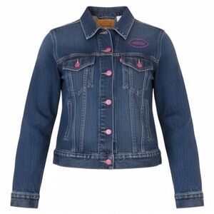 Levi's Premium Women’s Denim Trucker Jacket M Pink Lip Embroidery‎ Barbiecore